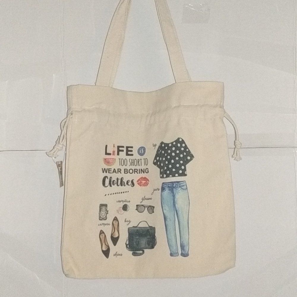 🎀 Cute Canvas Drawstring Tote Bag "Life is too short to wear boring clothes" 🎀